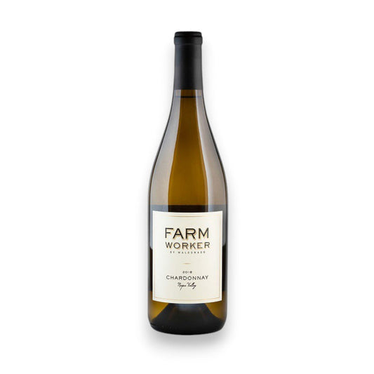 A bottle of Maldonado 'Farmworker' Chardonnay 2019 from Wine: Ocean South Imports, aged in French oak barrels. The label is white with black text and features a black foil neck, against a plain white background.