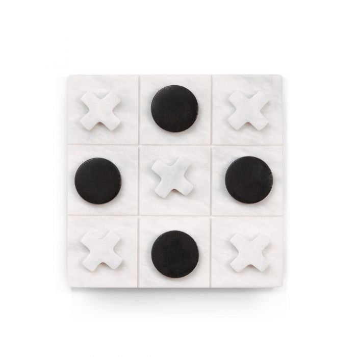 The BEYBERK INTERNATIONAL MARBLE TIC TAC TOE SET features white Xs and black circles on a white grid, with a winning row of Xs displayed at the bottom.