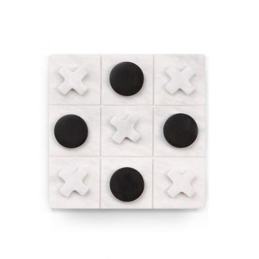 The BEYBERK INTERNATIONAL MARBLE TIC TAC TOE SET features white Xs and black circles on a white grid, with a winning row of Xs displayed at the bottom.