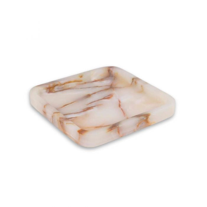 The MARBLE TRAY AND CATCH ALL by BEYBERK INTERNATIONAL is a small, square marble tray with rounded edges, a white base, and natural brown/beige veining—ideal for luxury décor. Shown empty against a plain white background.
