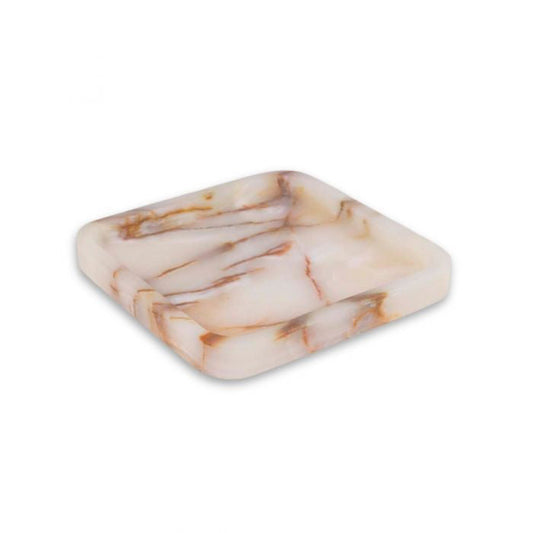 The MARBLE TRAY AND CATCH ALL by BEYBERK INTERNATIONAL is a small, square marble tray with rounded edges, a white base, and natural brown/beige veining—ideal for luxury décor. Shown empty against a plain white background.