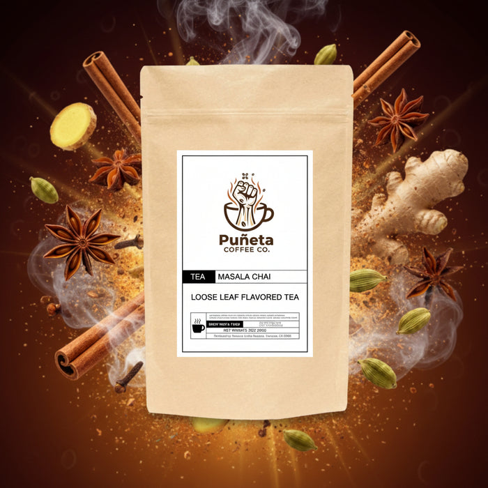 Puneta Coffee Co. Masala Chai loose leaf tea package on a white background