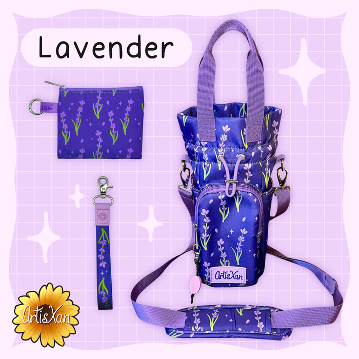 Matching Sets of Water Bottle Bags, Essentials Bags, and Lanyards