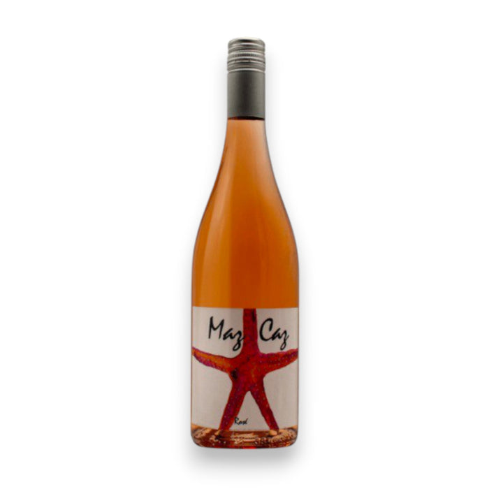 A bottle of MAZ CAZ ROSÉ 2024 by WINE: AMERICAN PREMIUM BEVERAGE, featuring a screw cap and large red starfish label, is displayed against a white background. This vibrant Costières-de-Nîmes rosé contains no added sulfur.