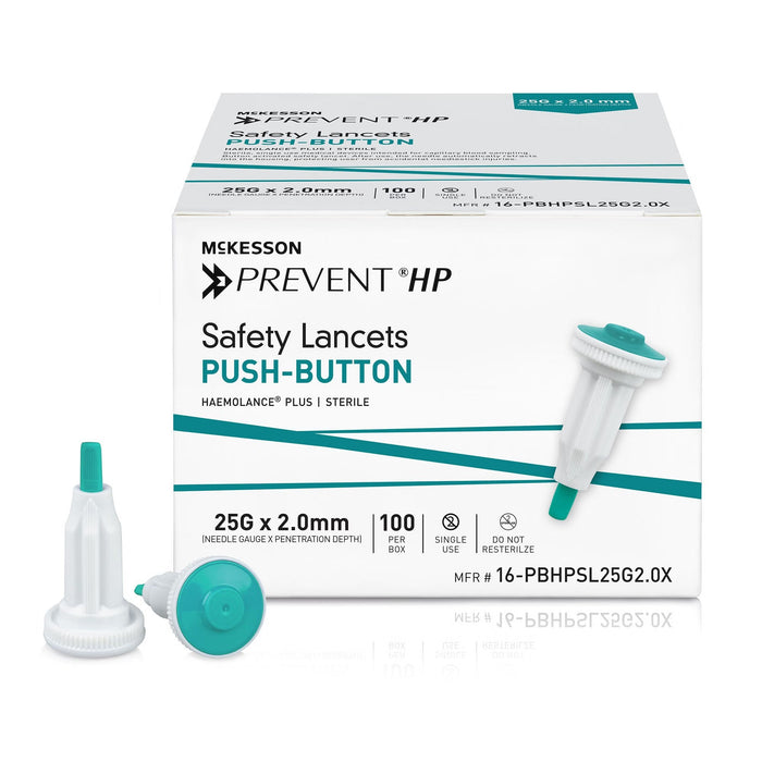 McKesson Prevent HP Safety Lancet, Push Button Activation, 25 Gauge - 16-PBHPSL25G2.0X-Box - LL Medico
