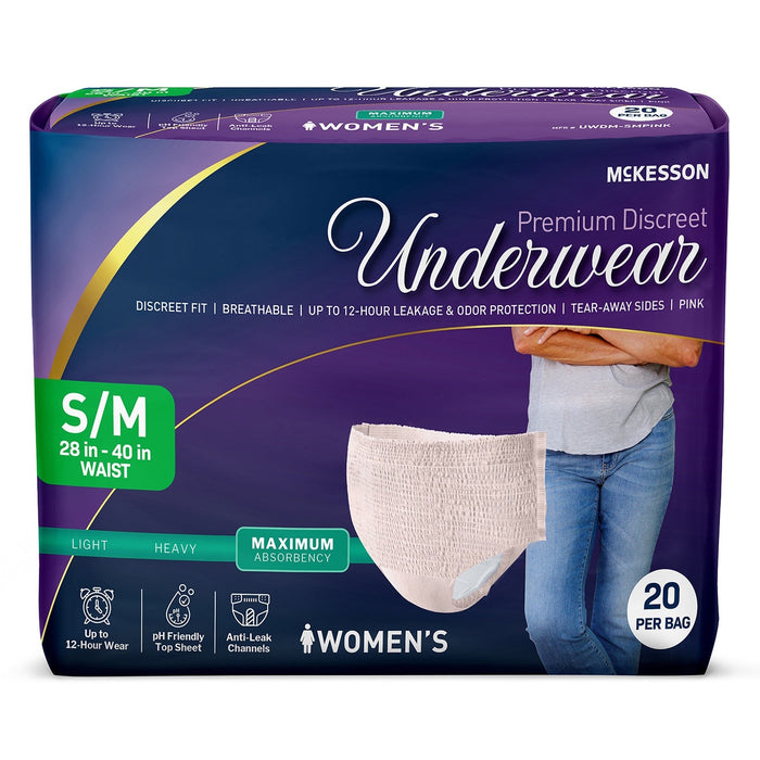 McKesson Women's Premium Discreet Pull On Absorbent Underwear, Maximum - UWDS-SMPINK-Pack - LL Medico