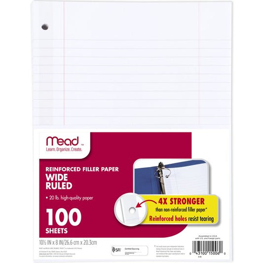 Mead Reinforced Wide Ruled Filler Paper, 100 Sheets - Office R Us Lagos