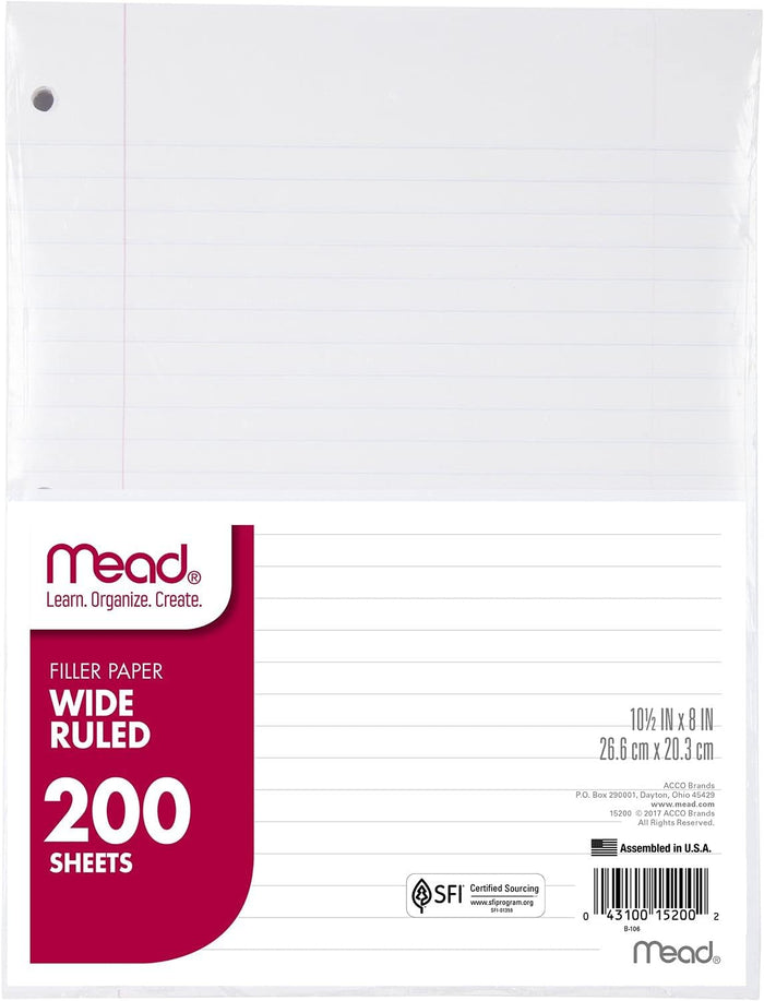 Mead Wide Ruled Filler Paper, 10.5" × 8", 200 Sheets - Office R Us Lagos