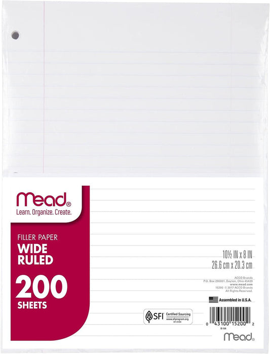 Mead Wide Ruled Filler Paper, 10.5" × 8", 200 Sheets - Office R Us Lagos