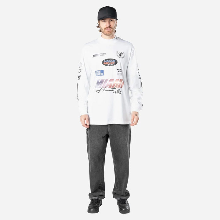 The Male model is wearing Miami Heat Modern Driver White Long Sleeve T-Shirt 5