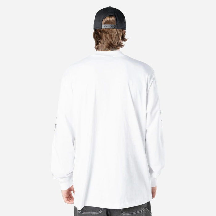The Male model is wearing Miami Heat Modern Driver White Long Sleeve T-Shirt 6