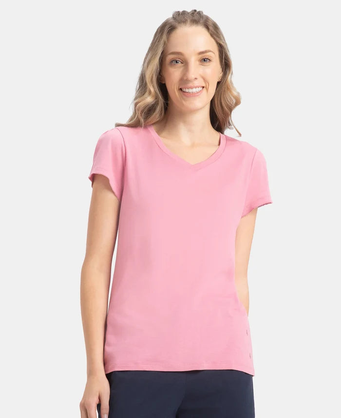 Micro Modal Cotton Relaxed Fit Solid V Neck Half Sleeve T-Shirt - Cashmere Rose