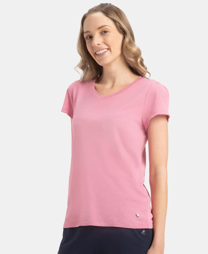 Micro Modal Cotton Relaxed Fit Solid V Neck Half Sleeve T-Shirt - Cashmere Rose