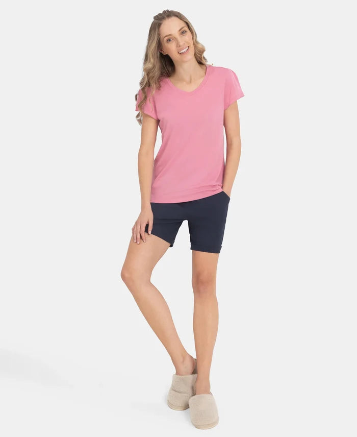 Micro Modal Cotton Relaxed Fit Solid V Neck Half Sleeve T-Shirt - Cashmere Rose