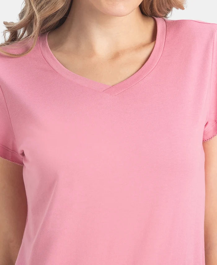 Micro Modal Cotton Relaxed Fit Solid V Neck Half Sleeve T-Shirt - Cashmere Rose