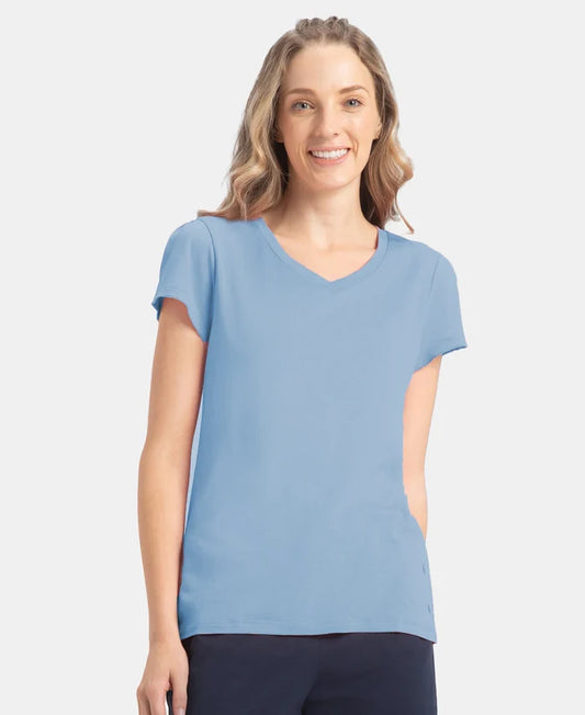Micro Modal Cotton Relaxed Fit Solid V Neck Half Sleeve T-Shirt - Soft Chambray