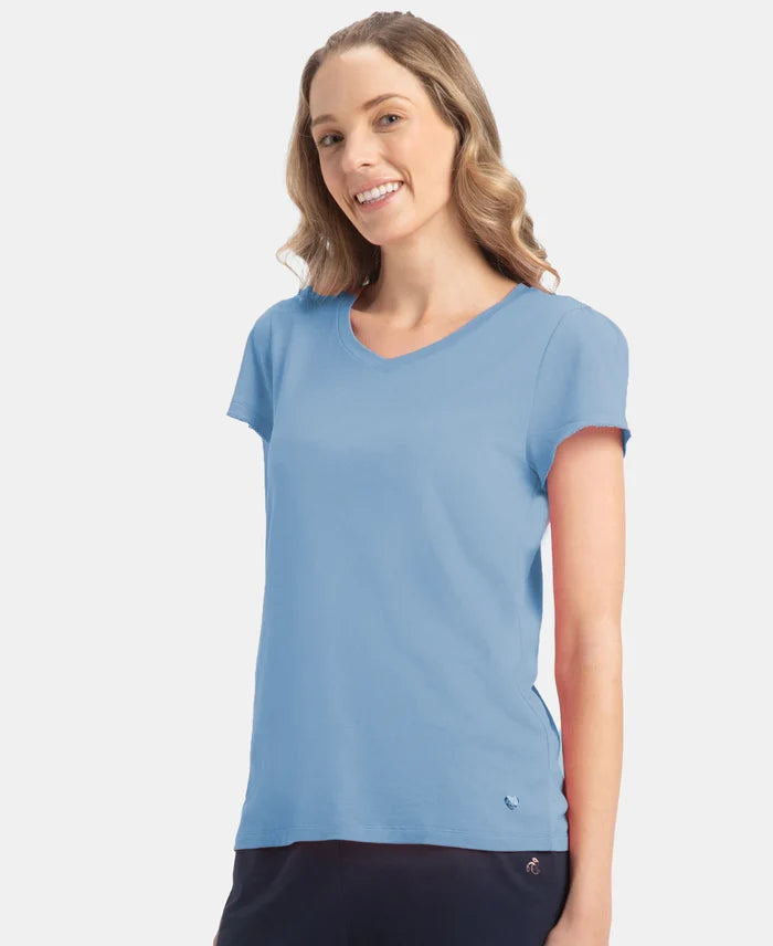 Micro Modal Cotton Relaxed Fit Solid V Neck Half Sleeve T-Shirt - Soft Chambray