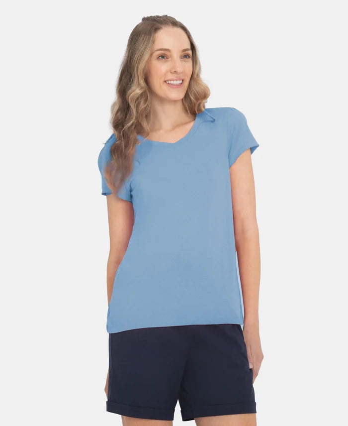 Micro Modal Cotton Relaxed Fit Solid V Neck Half Sleeve T-Shirt - Soft Chambray