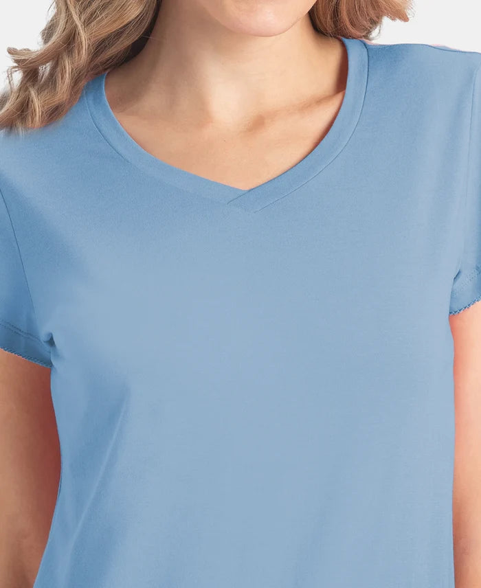 Micro Modal Cotton Relaxed Fit Solid V Neck Half Sleeve T-Shirt - Soft Chambray