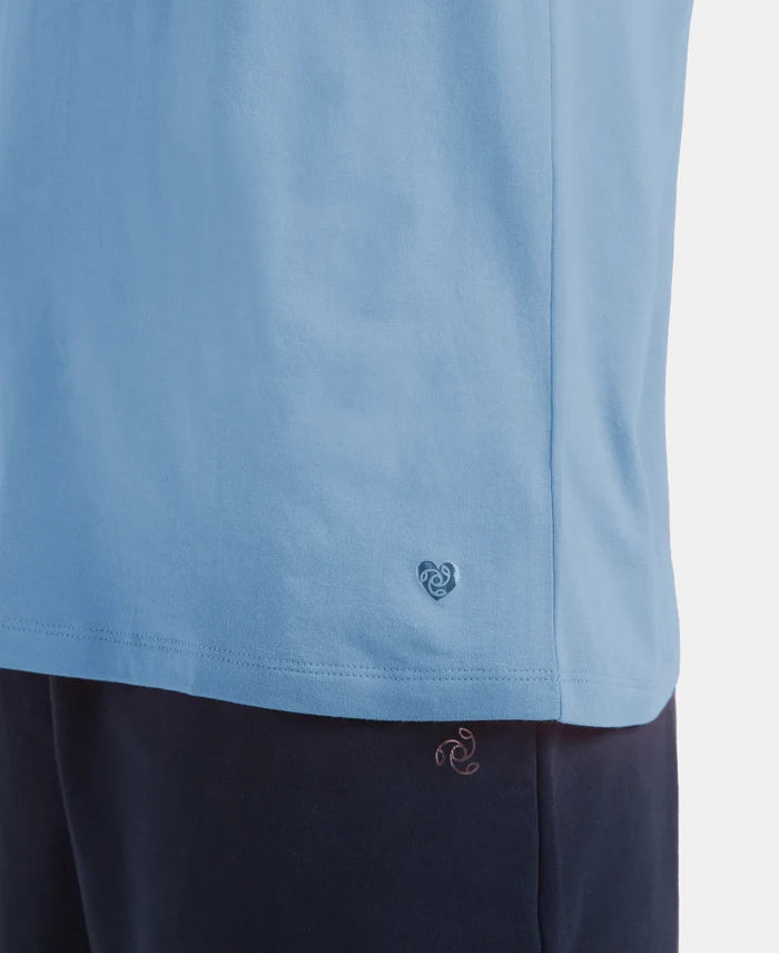 Micro Modal Cotton Relaxed Fit Solid V Neck Half Sleeve T-Shirt - Soft Chambray