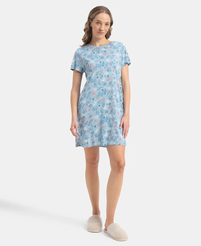 Micro Modal Cotton Ruffled Hem Styled Half Sleeve Printed Sleep Dress - Forget Me Not