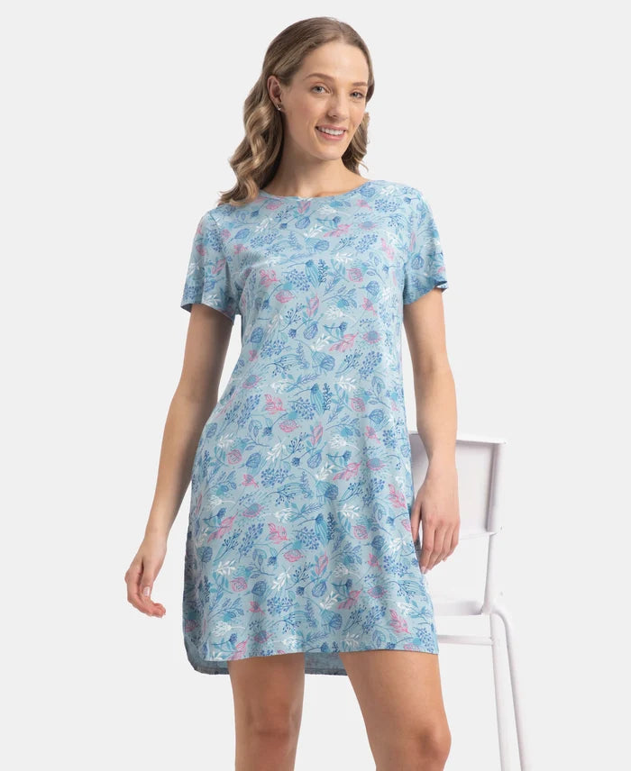 Micro Modal Cotton Ruffled Hem Styled Half Sleeve Printed Sleep Dress - Forget Me Not