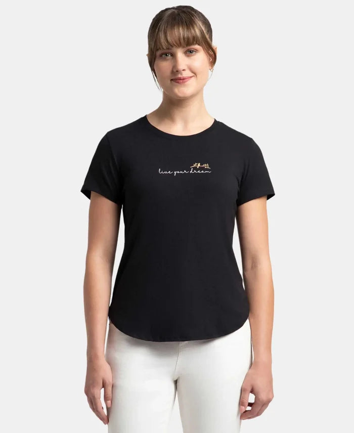 Micro Modal Fiber Elastane Stretch Relaxed Fit Graphic Print Round Neck Half Sleeve T-Shirt With Curved Hem Styling - Black