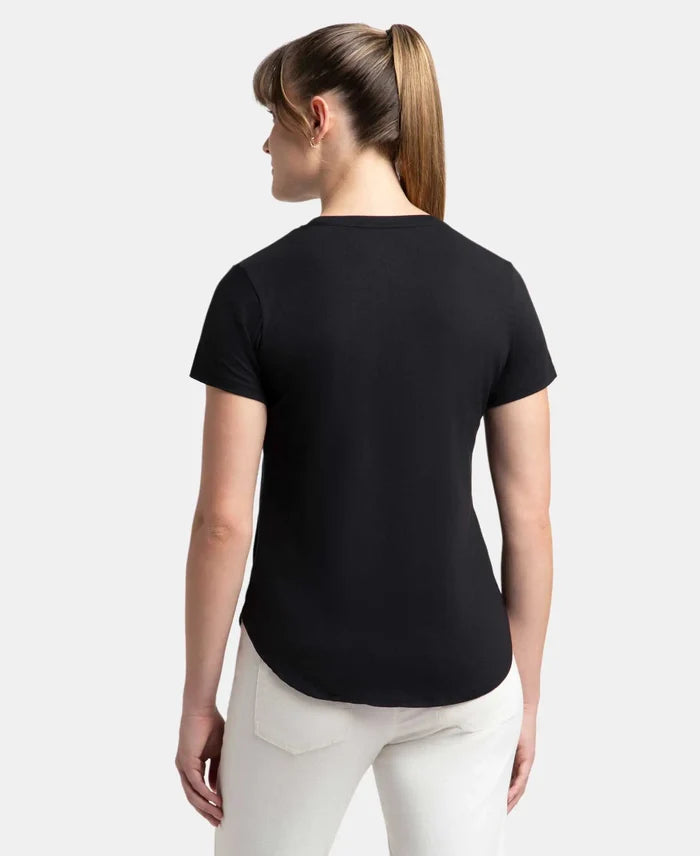 Micro Modal Fiber Elastane Stretch Relaxed Fit Graphic Print Round Neck Half Sleeve T-Shirt With Curved Hem Styling - Black