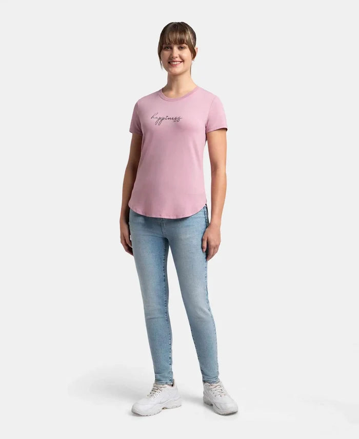 Micro Modal Fiber Elastane Stretch Relaxed Fit Graphic Print Round Neck Half Sleeve T-Shirt With Curved Hem Styling - Lilas
