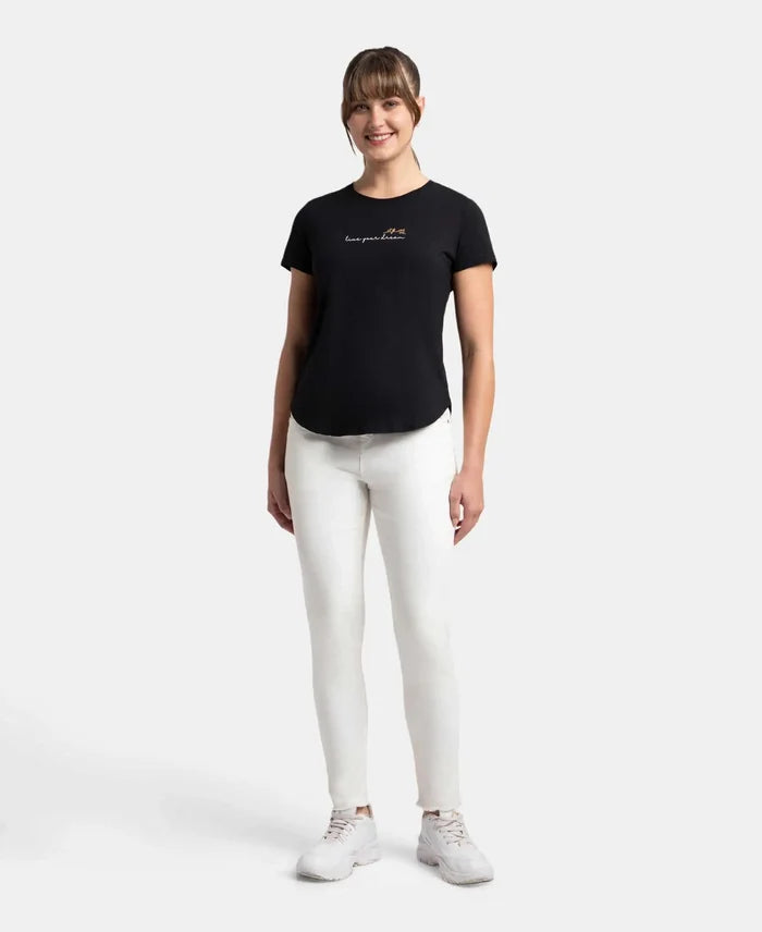 Micro Modal Fiber Elastane Stretch Relaxed Fit Graphic Print Round Neck Half Sleeve T-Shirt With Curved Hem Styling - Black