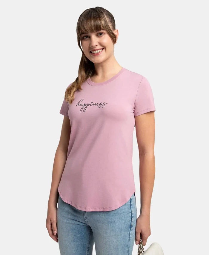 Micro Modal Fiber Elastane Stretch Relaxed Fit Graphic Print Round Neck Half Sleeve T-Shirt With Curved Hem Styling - Lilas