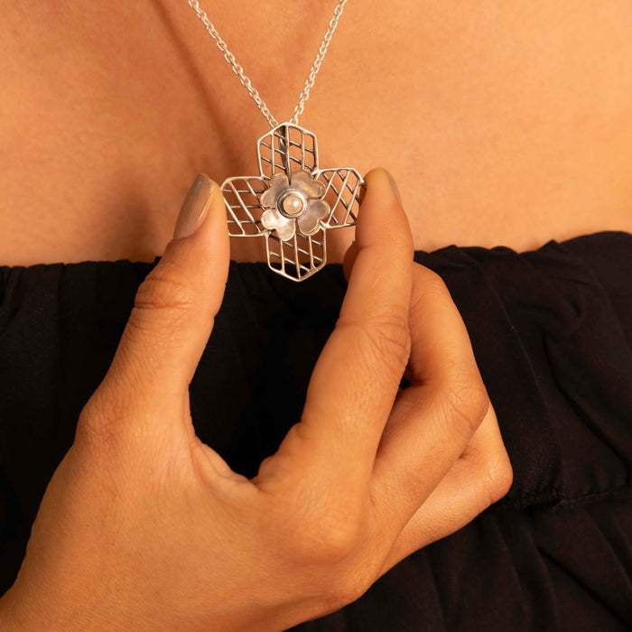 Mizoya Embossed Flower Jali Necklace Earring Ring set