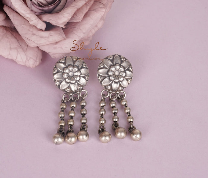 Mizoya Embossed Flower Motif Ball Drop Earring
