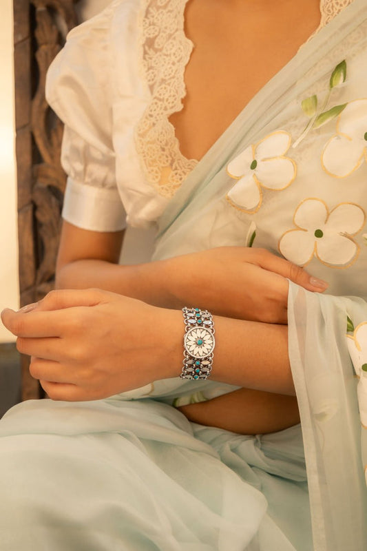 Mizoya Flower Motif Jali Jadau Turquoise Bracelet