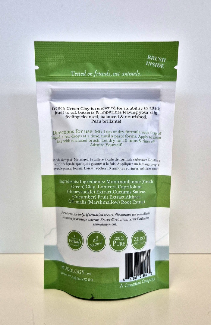 Mudology French Green Clay facial masque package back with directions and ingredients