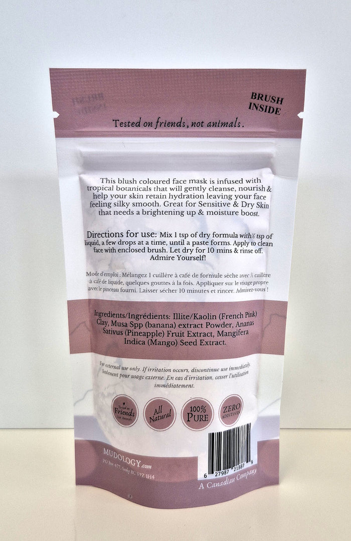 Mudology French Pink Clay facial masque package back with directions and ingredients