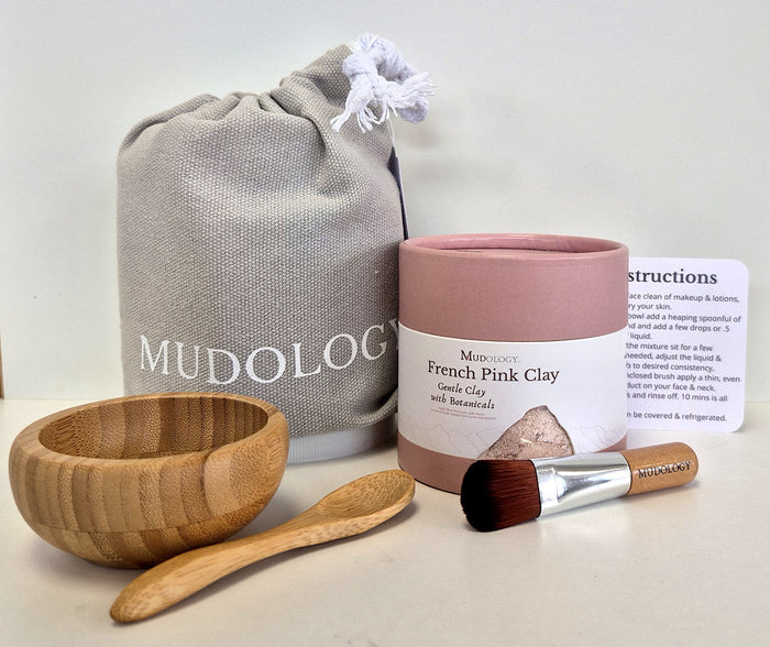 Mudology French Pink Clay facial masque spa kit with 100g tub of clay, wood bowl and spoon, applicator brush, cotton pouch and instructions