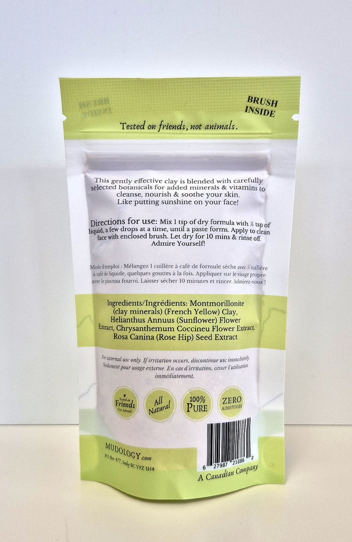 Mudology French Yellow Clay facial masque package back with directions and ingredients