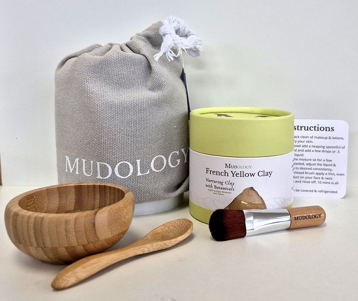 Mudology French Yellow Clay facial masque spa kit with 100g tub of clay, wood bowl and spoon, applicator brush, cotton pouch and instructions