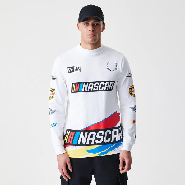 The Male model is wearing Nascar Generic Logo Modern Driver White Long Sleeve T-Shirt 1