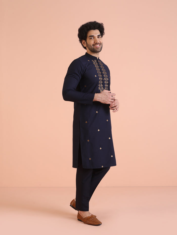 Navy Blue Cotton Silk Embroidered Kurta