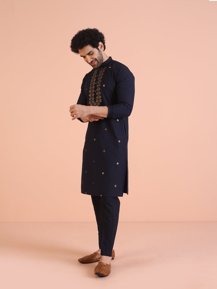 Navy Blue Cotton Silk Embroidered Kurta