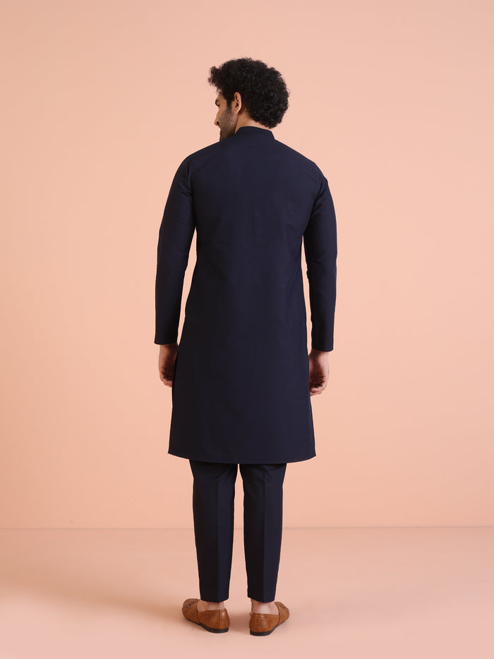 Navy Blue Cotton Silk Embroidered Kurta