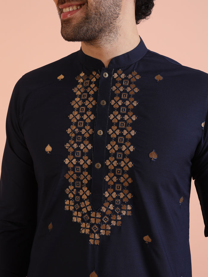Navy Blue Cotton Silk Embroidered Kurta