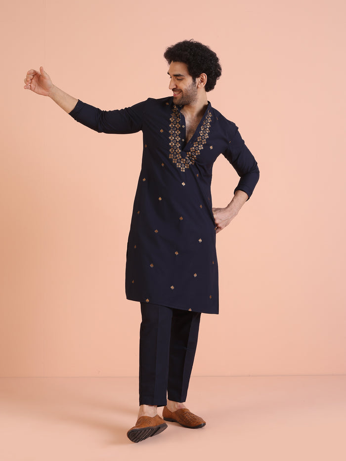 Navy Blue Cotton Silk Embroidered Kurta