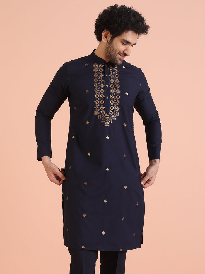 Navy Blue Cotton Silk Embroidered Kurta