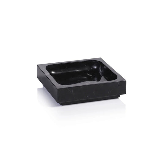 The ZODAX NERO MARQUINA NATURAL MARBLE TRAY - SMALL features a square shape, black marble with a smooth, glossy finish and rounded inner corners, highlighting its high-quality material and minimalist design against a plain white background.