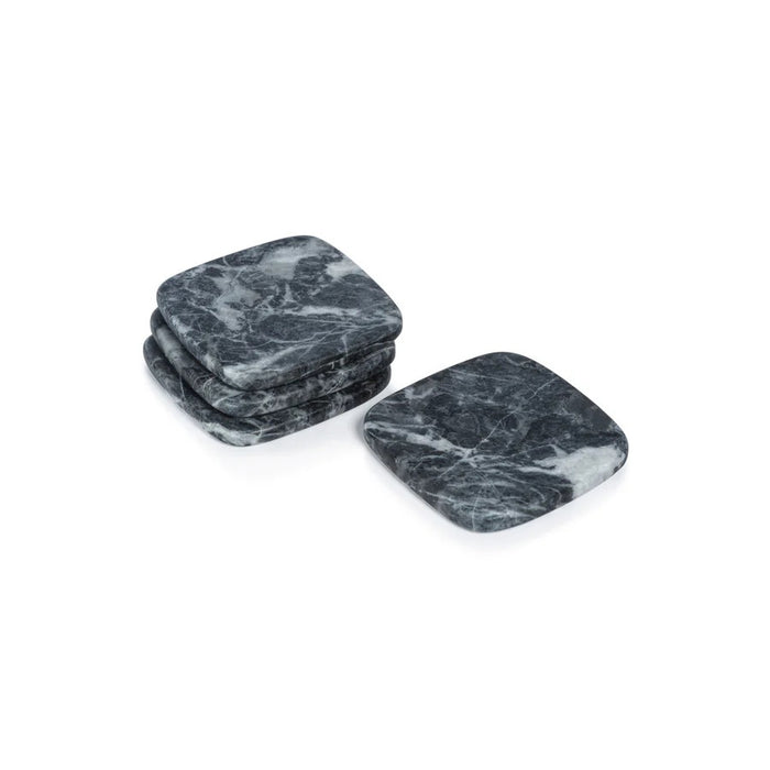 The ZODAX NERO MARQUINE Matte Marble Coasters - Set of 4 features square, dark gray coasters with white veining, elegantly stacked with one shown separately, all displayed on a white background.