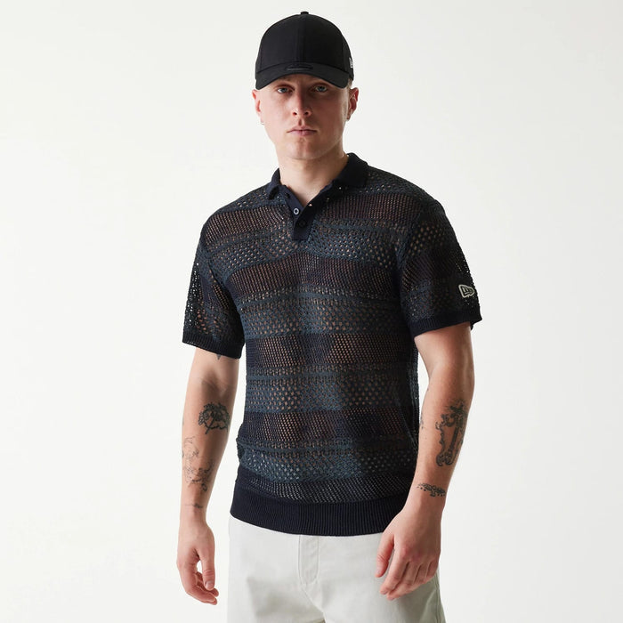 The Male model is wearing New Era Japan Mesh Black Polo T-Shirt 1