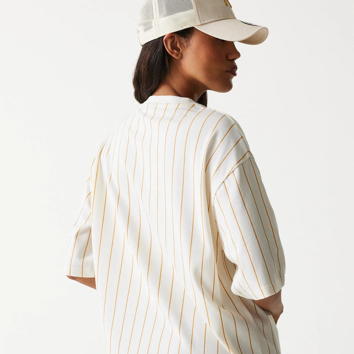 The Male model is wearing New Era Pinstripe Open White Oversized T-Shirt 5